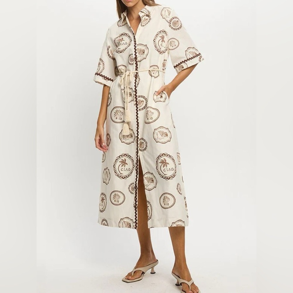 NWT Island Postcard Print Button-Down Midi Shirt Dress Belted, Boho Summer S-2XL - Picture 3 of 8